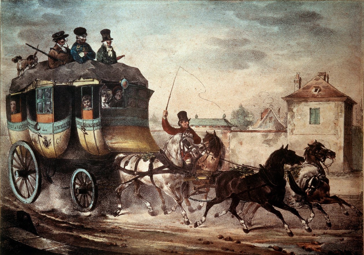 Transporte público: Diligência da linha entre Paris e Meaux. Ilustração de Villain em 1824. Compiegne, Museu do Château de French School