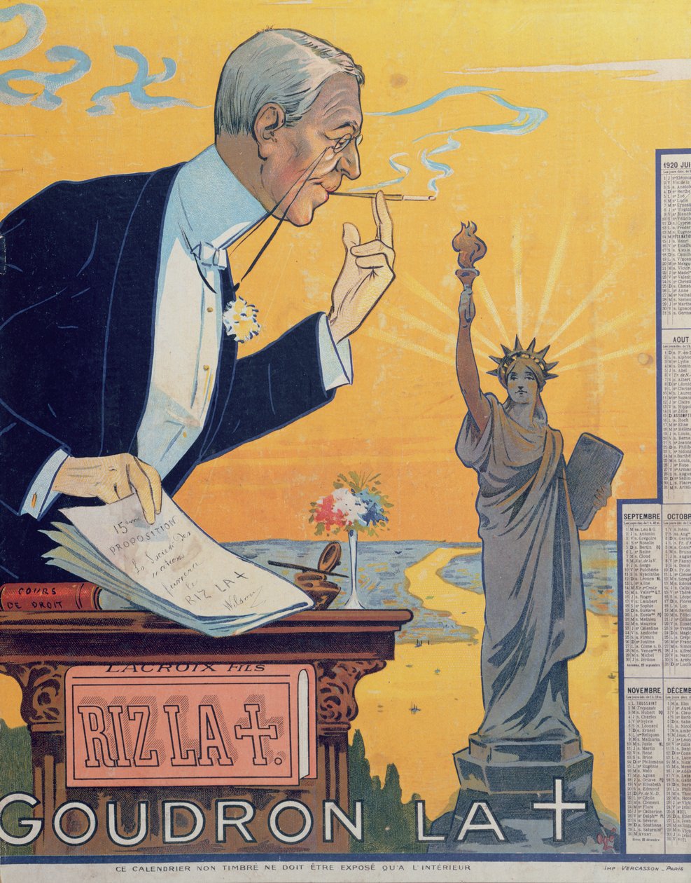 Calendário de publicidade para a fabricante de papel para cigarros Rizla, representando o presidente Woodrow Wilson (1856-1924) e a 15ª proposta para a Liga das Nações, 1920 de French School