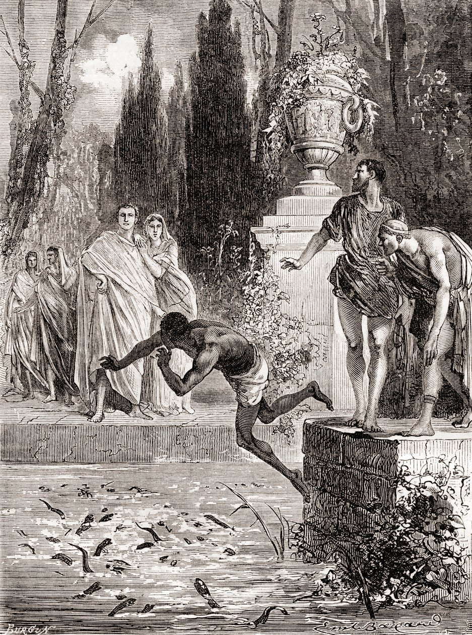Publius Vedius Pollio, equestre romano, alimentando um escravo de suas lampreias, de Les Merveilles de la Science, publicado por volta de 1870 de French School