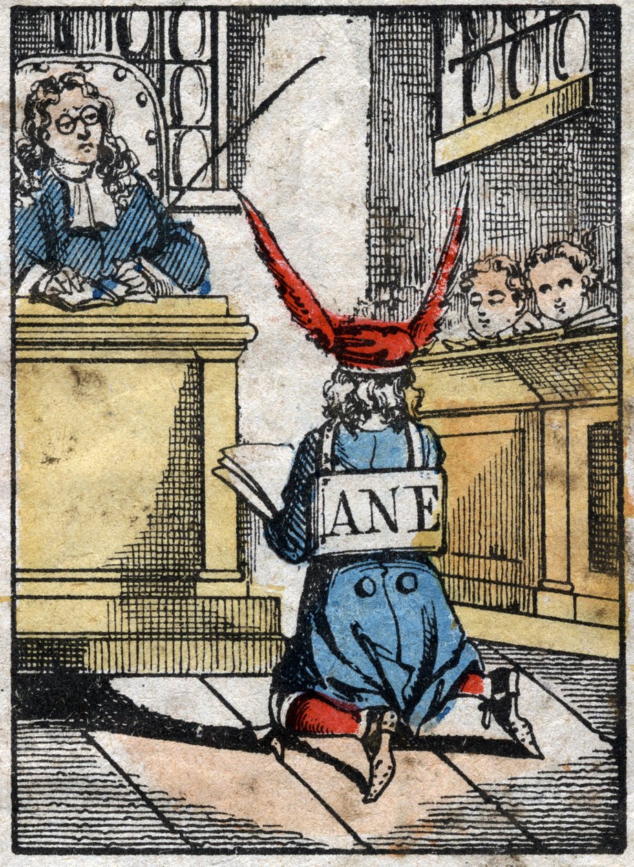 Punição na escola: Aluno castigado, com um boné de burro. Imagem epinal do final do século XIX. de French School