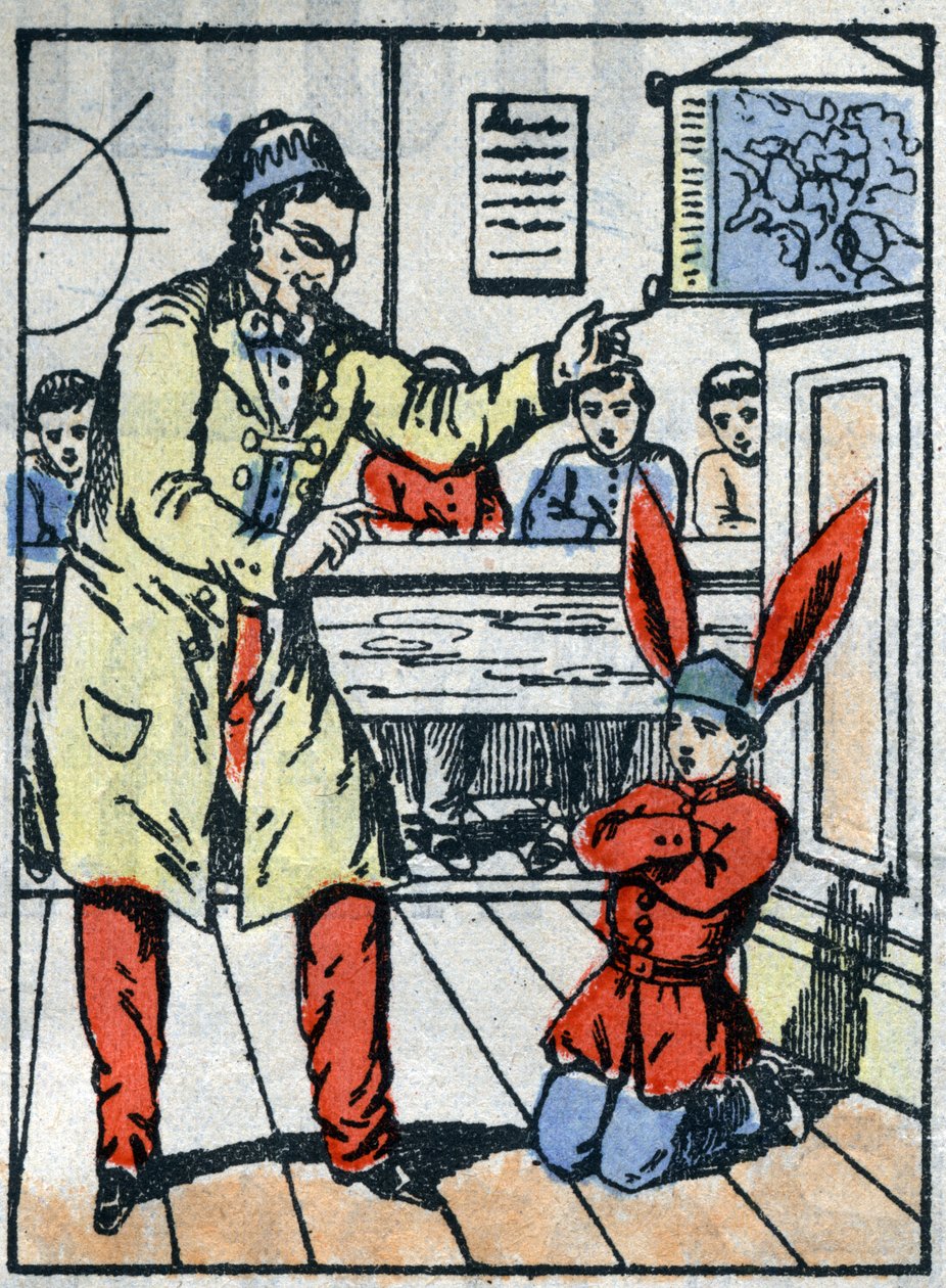 Punição na escola: Aluno castigado, com um boné de burro por falar com os seus camaradas. Imagem epinal do final do século XIX. de French School