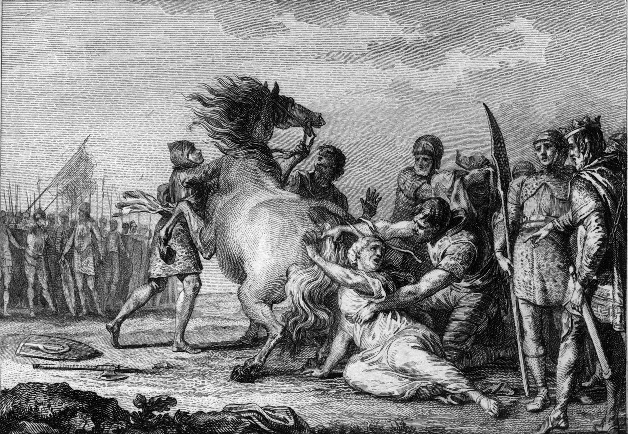 Punição de Brunehaut, 613: Brunehaut ou Brunehilde (543-613), rainha da Austrália, está presa à cauda de um cavalo indomável antes de ser arrastada para o chão. Gravura do século XVIII. de French School