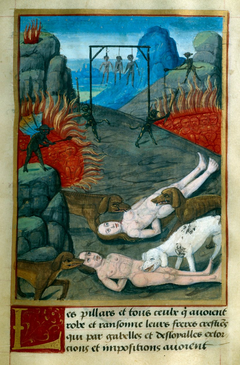 Castigo reservado aos ladrões e saqueadores no Inferno, são enforcados, queimados e devorados por cães. Miniatura de "Le Tresor de Sapience" de Jean Gerson (1363-1429) século XV Chantilly, Musee Conde de French School