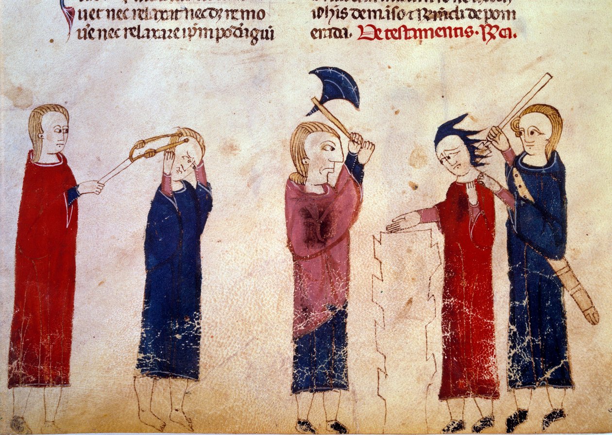 Castigo: tortura dos culpados. Miniatura do manuscrito "Costumes de Toulouse" de French School