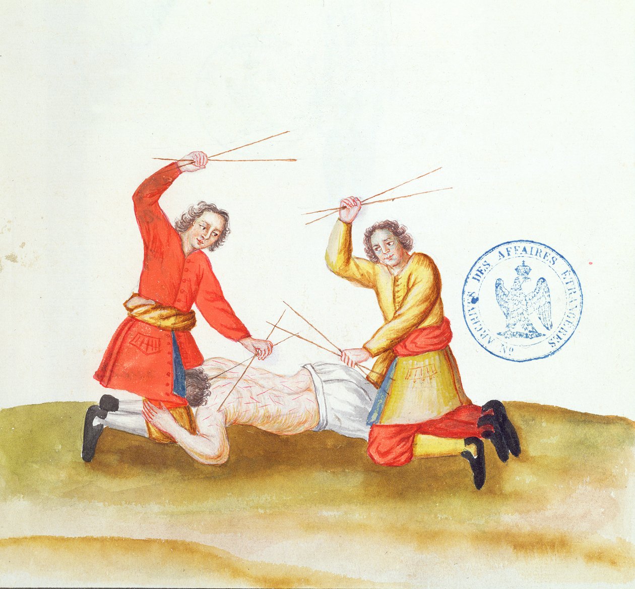 Punishment with Sticks, de Voyage en Russie, 1731 (caneta e tinta e wc sobre papel) de French School