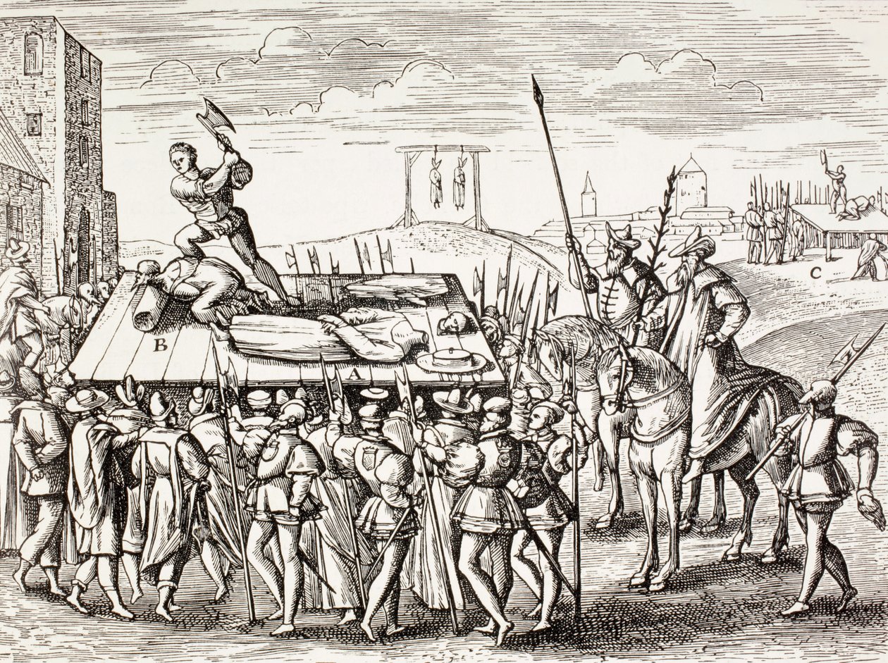 Punições decretadas pelo rei Henrique VIII contra os católicos ingleses, de "A vida militar e religiosa na Idade Média", de Paul Lacroix, publicado em Londres, c. de French School