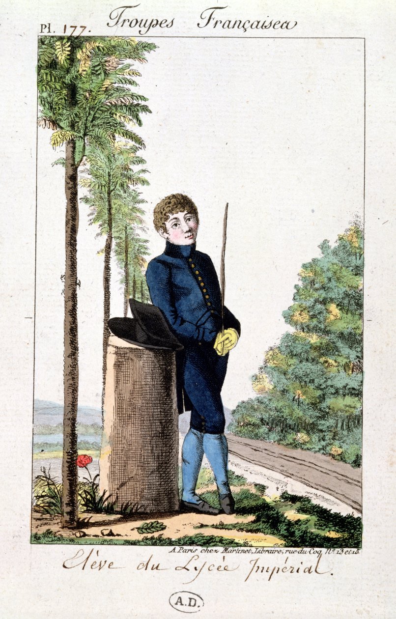 Aluno do Liceu Imperial em Paris encostado a uma árvore, prato 177 de Troupes Francaises, c.1805-10 de French School