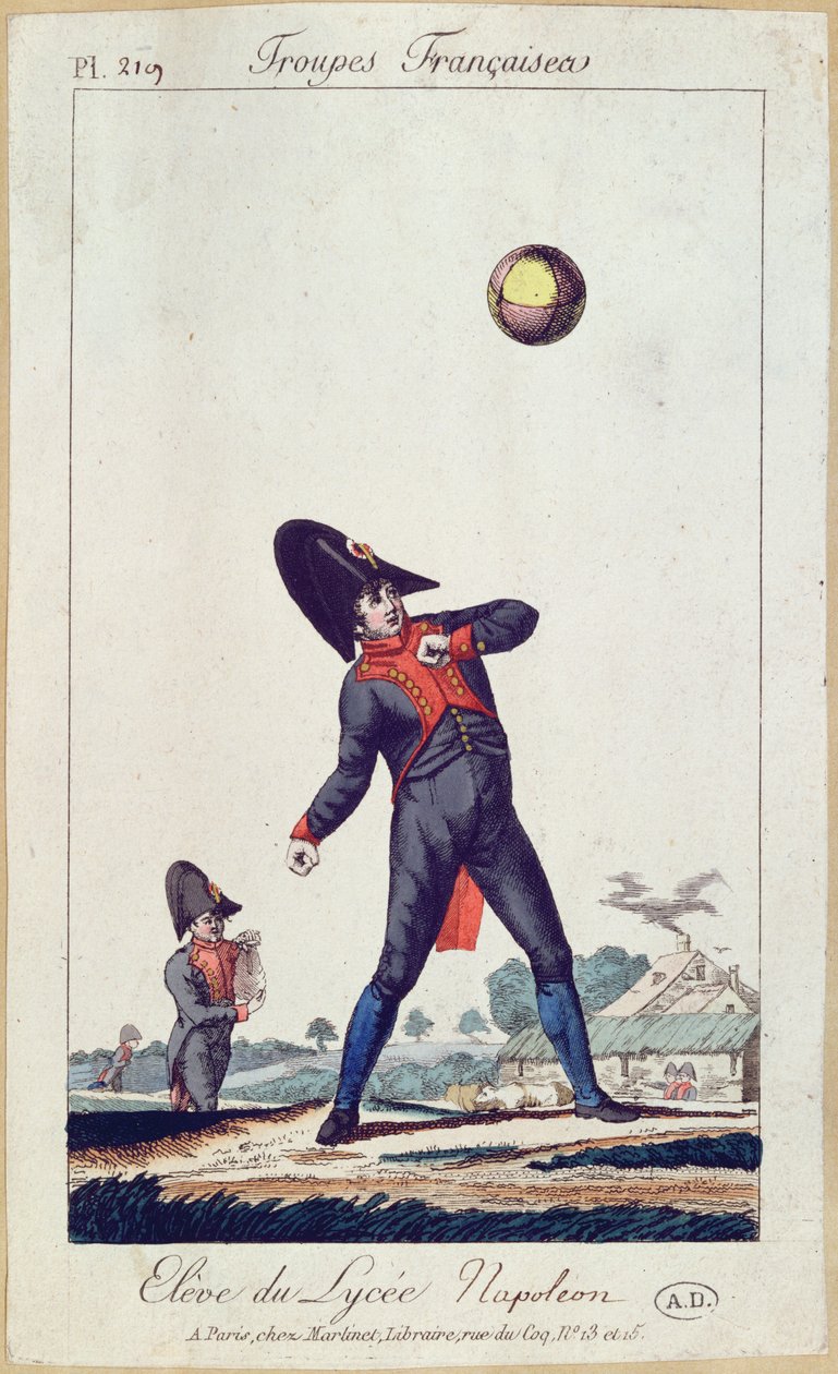 Aluno do Liceu Napoleão jogando bola, c.1805 (gravura de cor) de French School