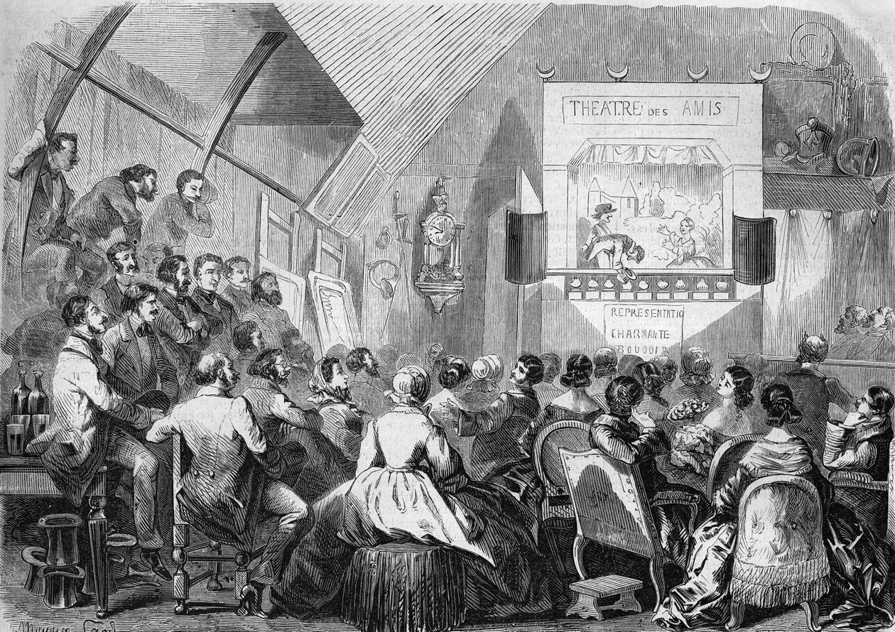 Puppet Theatre em 1858. Representação na oficina de Maurice Sand (1823-1889) 12 rue Boursault em Paris. de French School