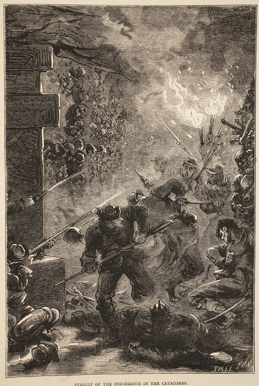 Perseguição dos Insurgentes nas Catacumbas, maio de 1871, ilustração de Cassells História da Guerra entre a França e a Alemanha, 1870-1871 de French School