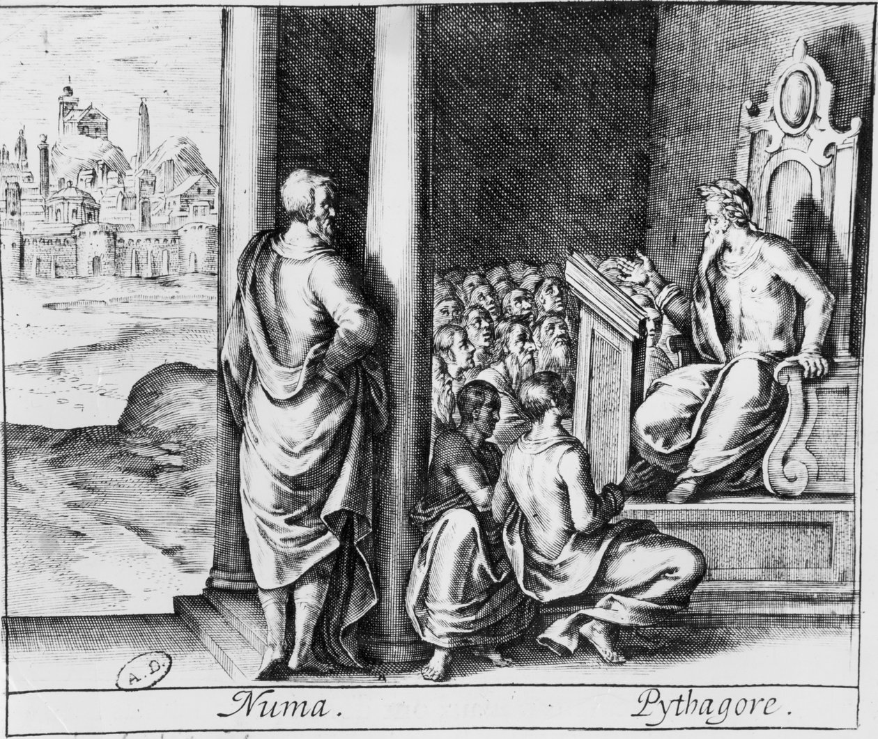 Pitágoras (c.570-480 aC) ensinando uma classe de estudantes, ilustração de Ovids Metamorphoses de French School