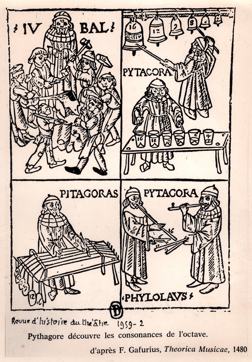 Pitágoras (c.580-500 aC) descobrindo as consonâncias da oitava, de Theorica Musicae, de Franchino Gaffurio, publicado pela primeira vez em 1480, de Revue de l&39;História do Teatro, 1959 (bw phot de French School