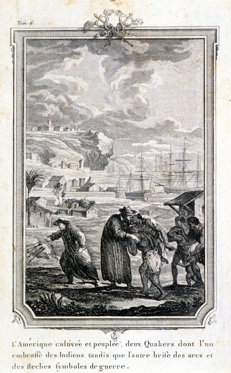 Missionários Quaker tentando evangelizar os índios da América - gravura de French School