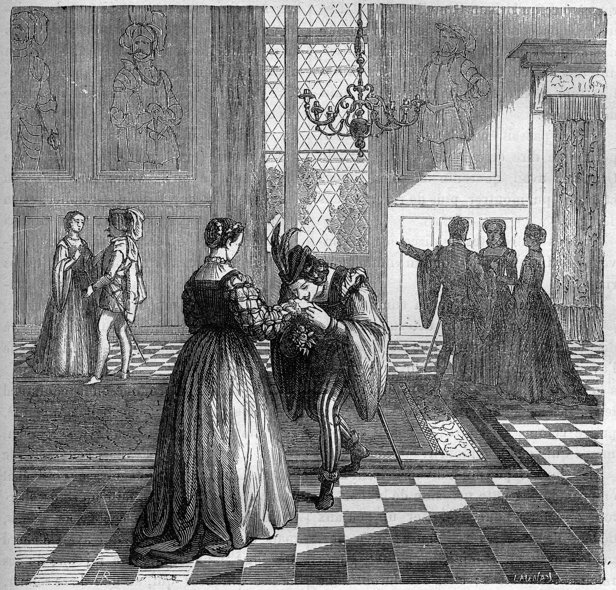 A Rainha Margarita de Navarra (1492-1549) encontra-se com Pomini. Gravação em "A história da prostituição e do deboche entre todos os povos do mundo desde a antiguidade até os dias de hoje" pelo Dr. Th. -F. Debray. 1879. de French School