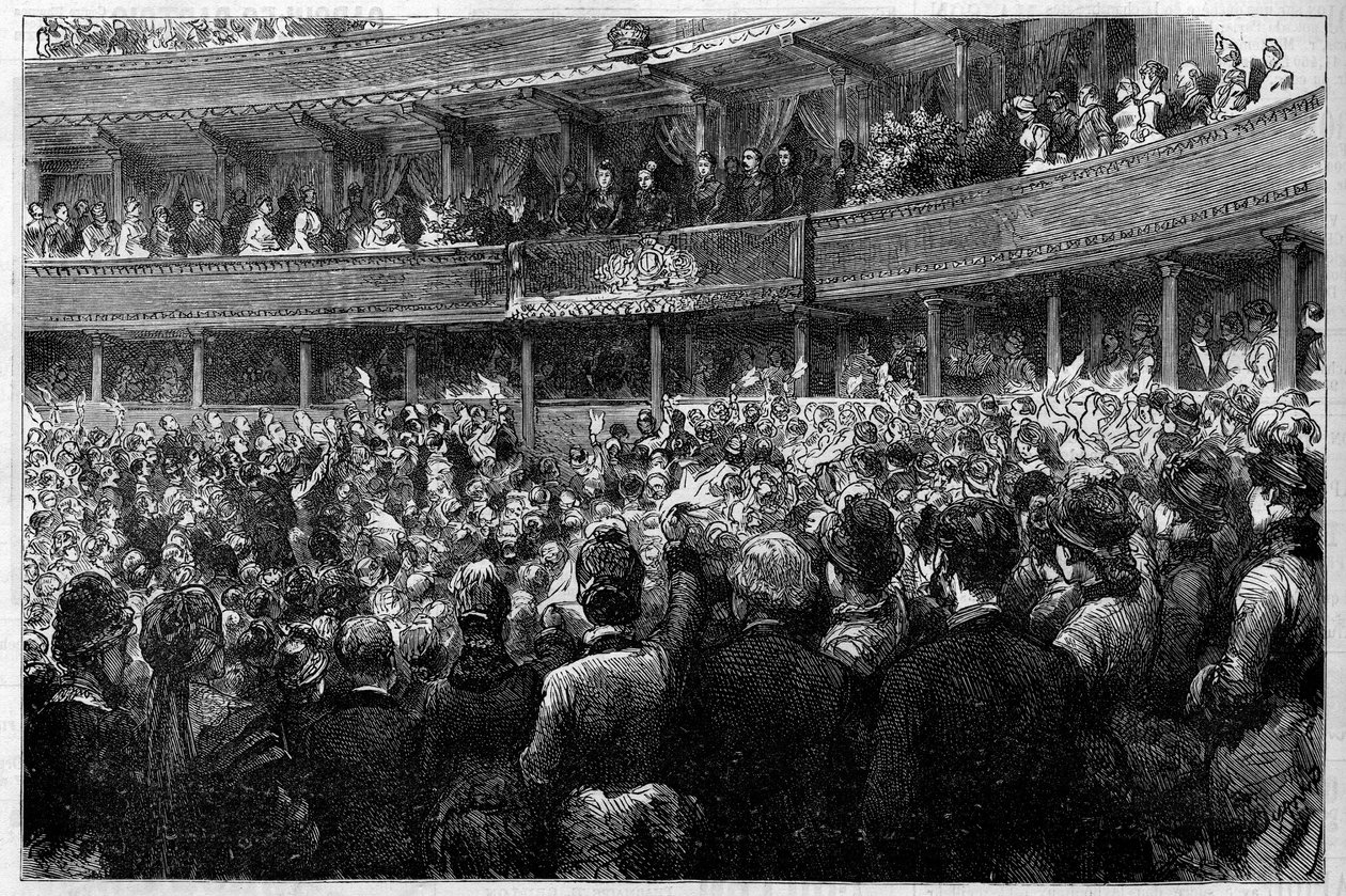 A Rainha Victoria Iere (1819-1901) assistiu à apresentação do oratório de Charles Gounod "Mors et Vita" no Albert Hall, em Londres. Esta é a sua primeira representação pública desde a morte do seu marido, o Príncipe Alberto. Gravação em "Le Monde Illustré" de French School
