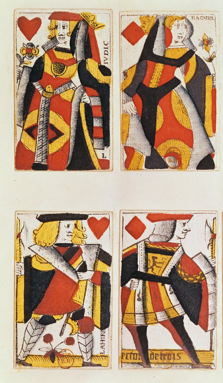 Rainha e Jack jogando cartas (gravura em madeira colorida) de French School