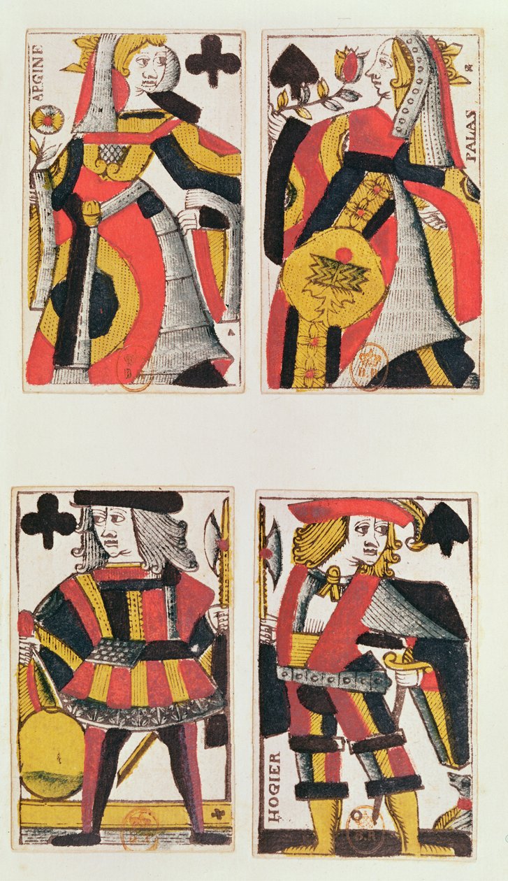 Rainha e Jack jogando cartas (gravura em madeira colorida) de French School