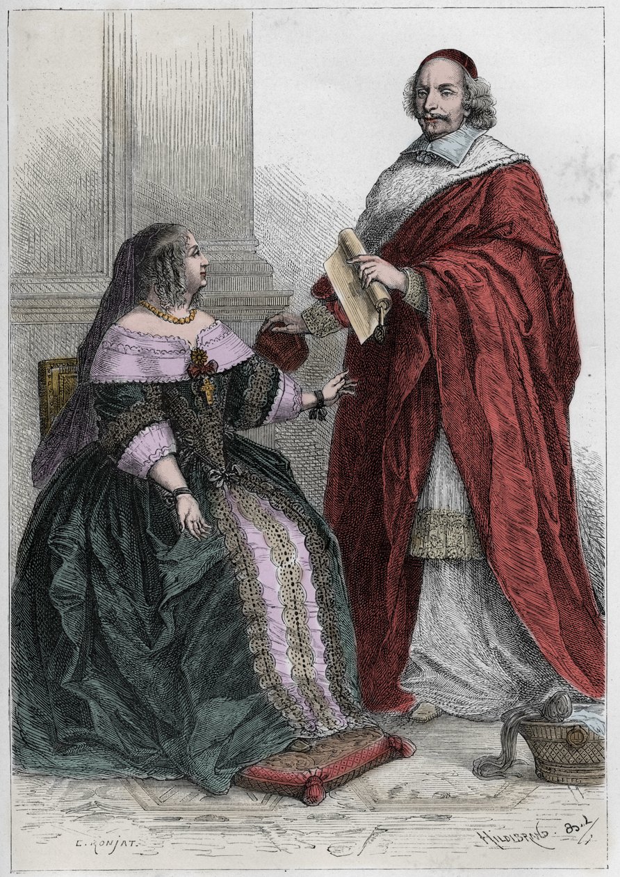 Rainha de França Ana da Áustria (1601-1666) e Cardeal Jules Mazarin (Giulio Raimondo Mazzarino ou Mazarino) (1602-1661 - Ana da Áustria (1601-66) com o Cardeal Mazarin (1602-61) - gravura de "L