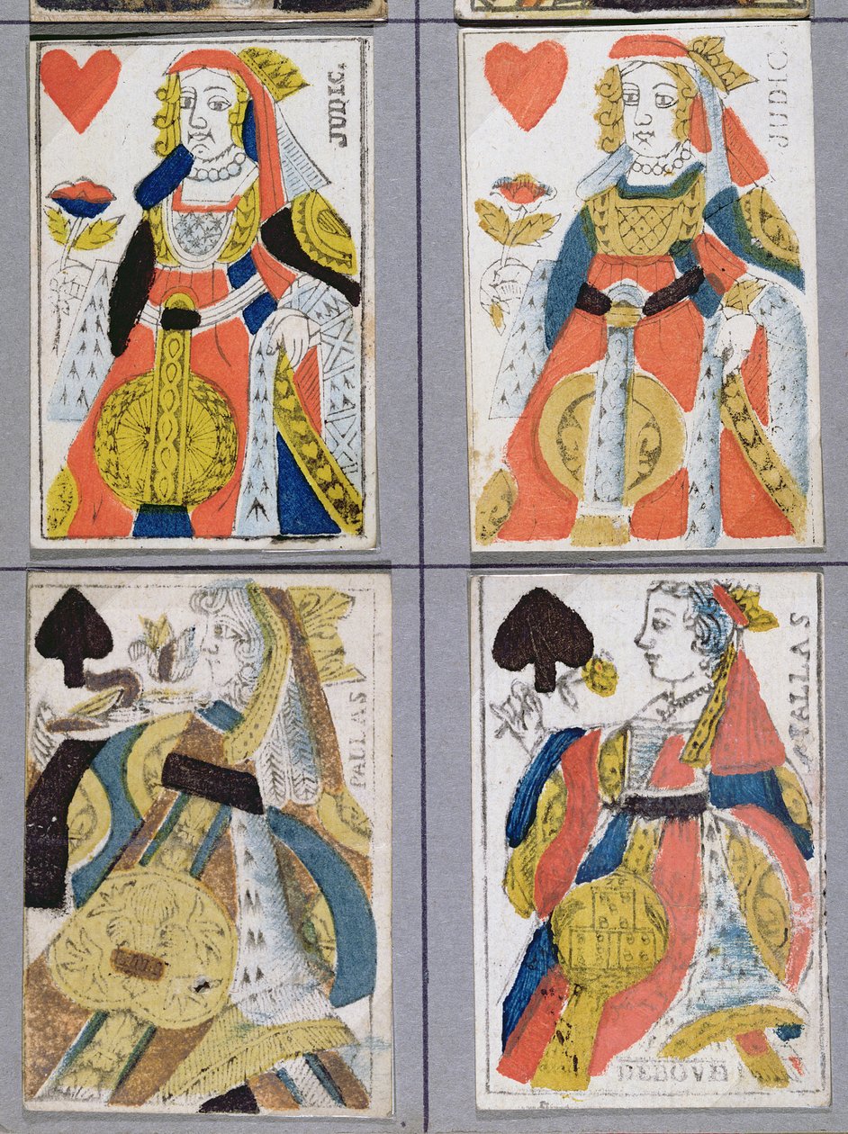 Rainha de Espadas e Rainha de Copas Cartas de jogar, do século XVII ao XVIII (gravura em madeira colorida) de French School