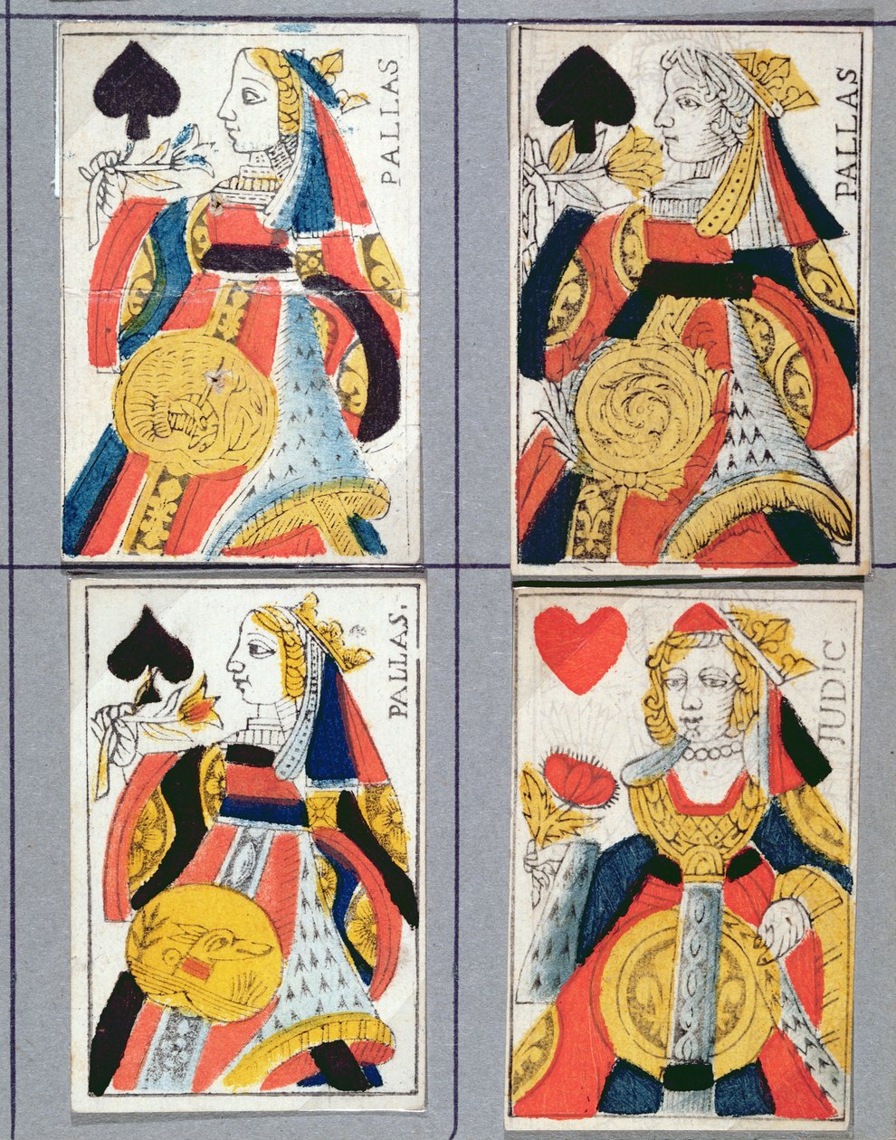 Cartas de jogar da Rainha de Espadas e da Rainha de Copas, do século XVII ao XVIII (gravura em madeira colorida) de French School