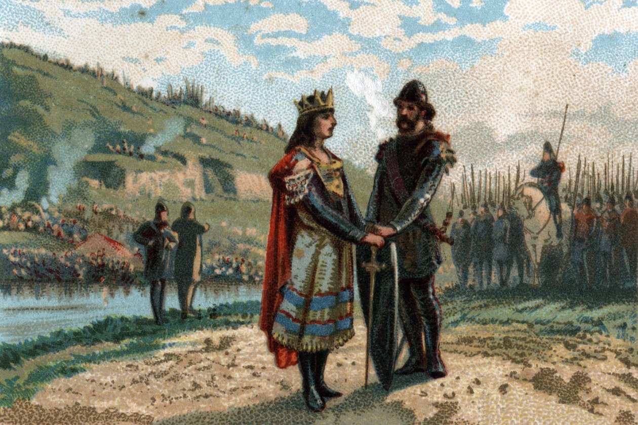 Rainfroy (Rainfroi) prefeito do palácio da Neustria aliança com as Frisões e Saxões para lutar contra a Austrália. Cromolitografia por volta de 1890. de French School