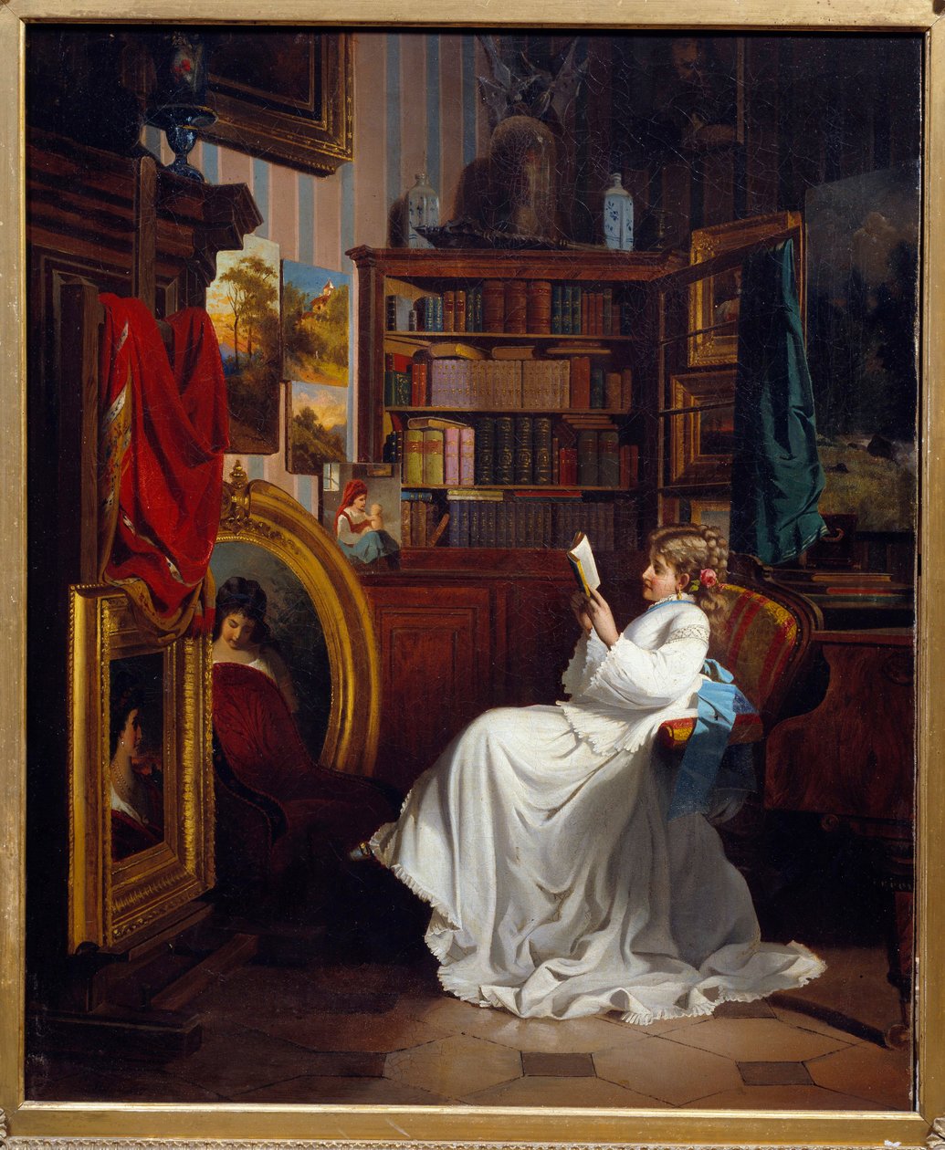 Lendo uma garota lendo um livro em um escritório. Pintura da Escola Francesa. Colecção privada do século XIX. de French School