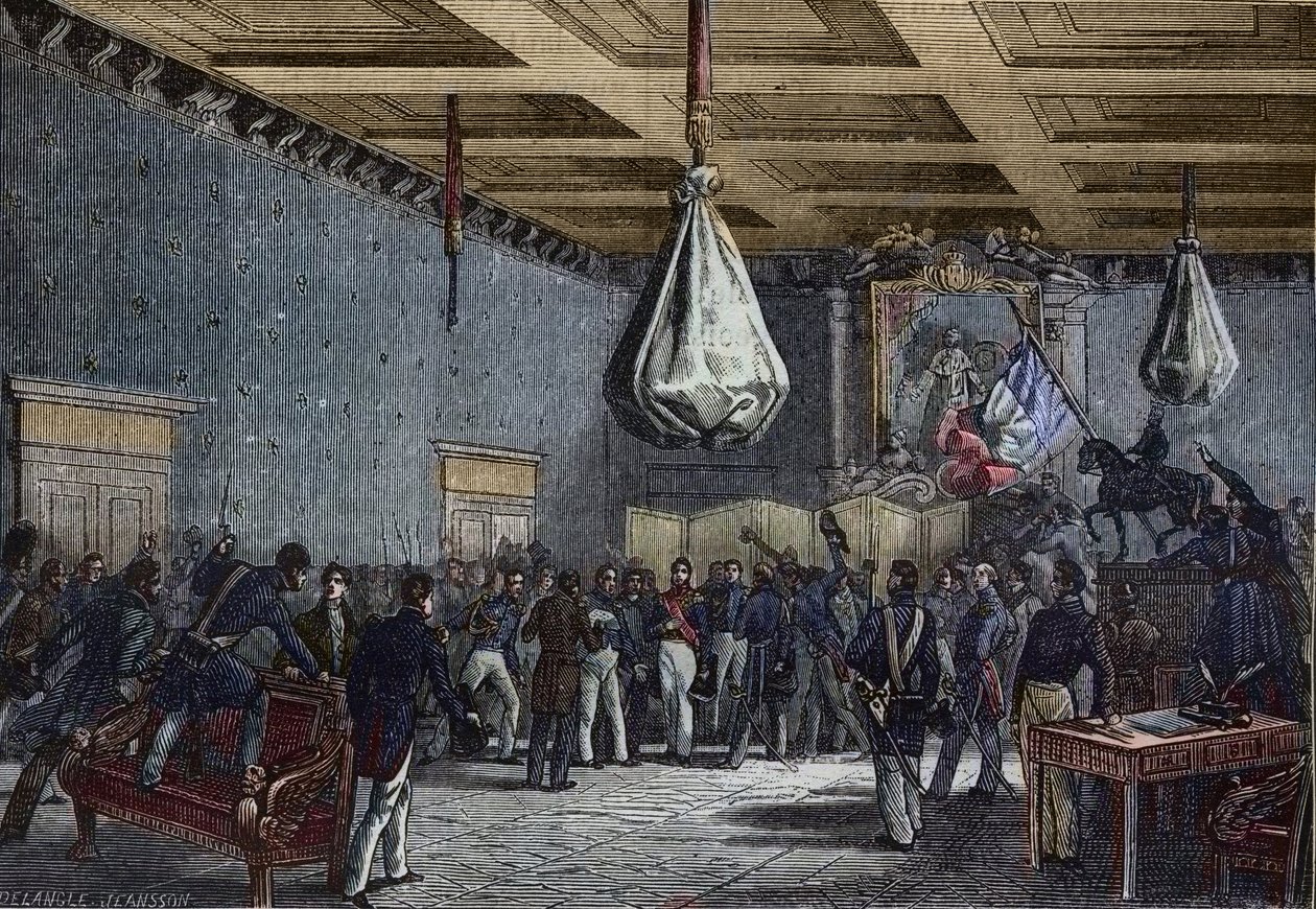 Leitura do discurso da Câmara de Deputados no Hotel de Ville, Paris em 31 de Julho de 1830 - Louis-Philippe (1773-1850), Rei dos Franceses (1830-48); proclamado rei pela Câmara de Deputados e oferecido trono em troca de limitação de poderes; a seguir de French School