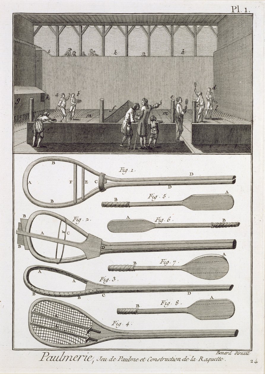 Ténis real e a construção de raquetes, da Enciclopédia de Denis Diderot (1713-84), gravada por Robert Benard (n.1734), publicada em c.1770 de French School