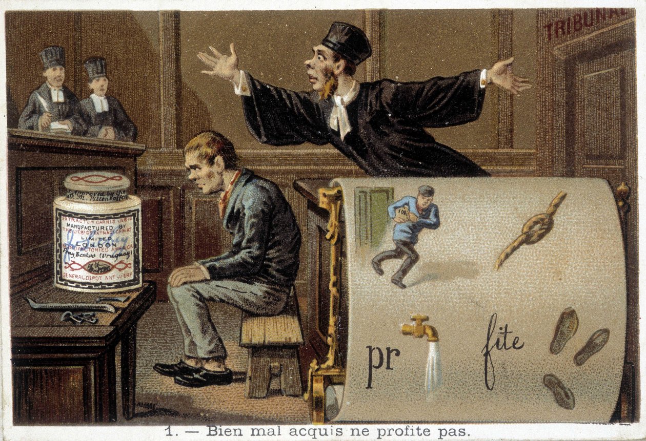 Rebus e cena ilustrando o provérbio "Well mal acquis ne jamais profit" - chromo. Liébig de French School