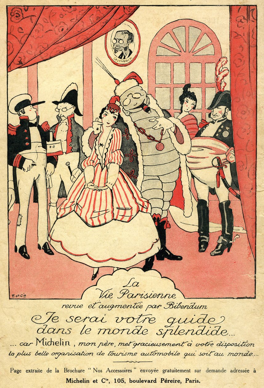 Recall 1914 para o pneu Michelin. La Vie Parisienne revista e aumentada por Bibendum: "Serei o vosso guia no mundo esplêndido, porque Michelin, meu pai, vos dá a mais bela organização de turismo automóvel do mundo". Na parede, uma moldura com de French School