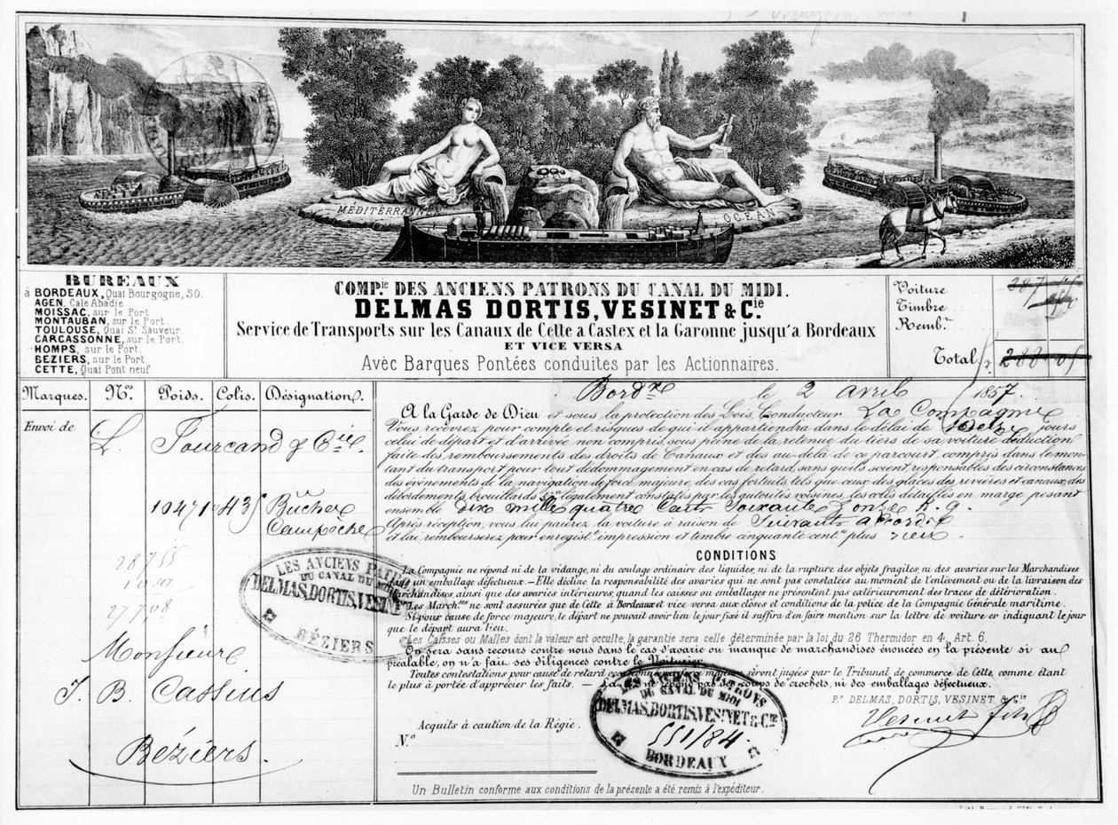 Recibo emitido pela Compagnie du Canal du Midi para o transporte de mercadorias de Bordeaux a Beziers, 1857 (bw photo of engraving) de French School