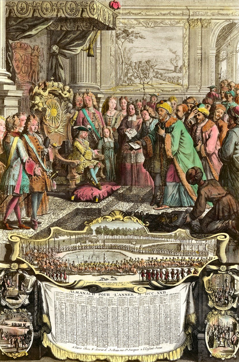 Receção de Mehemet Effendi, embaixador turco do grande Sultão Achmet, por Luís XV, em 21 de março de 1721, nas Tulherias. Gravura do século XVIII. Coleção particular. de French School