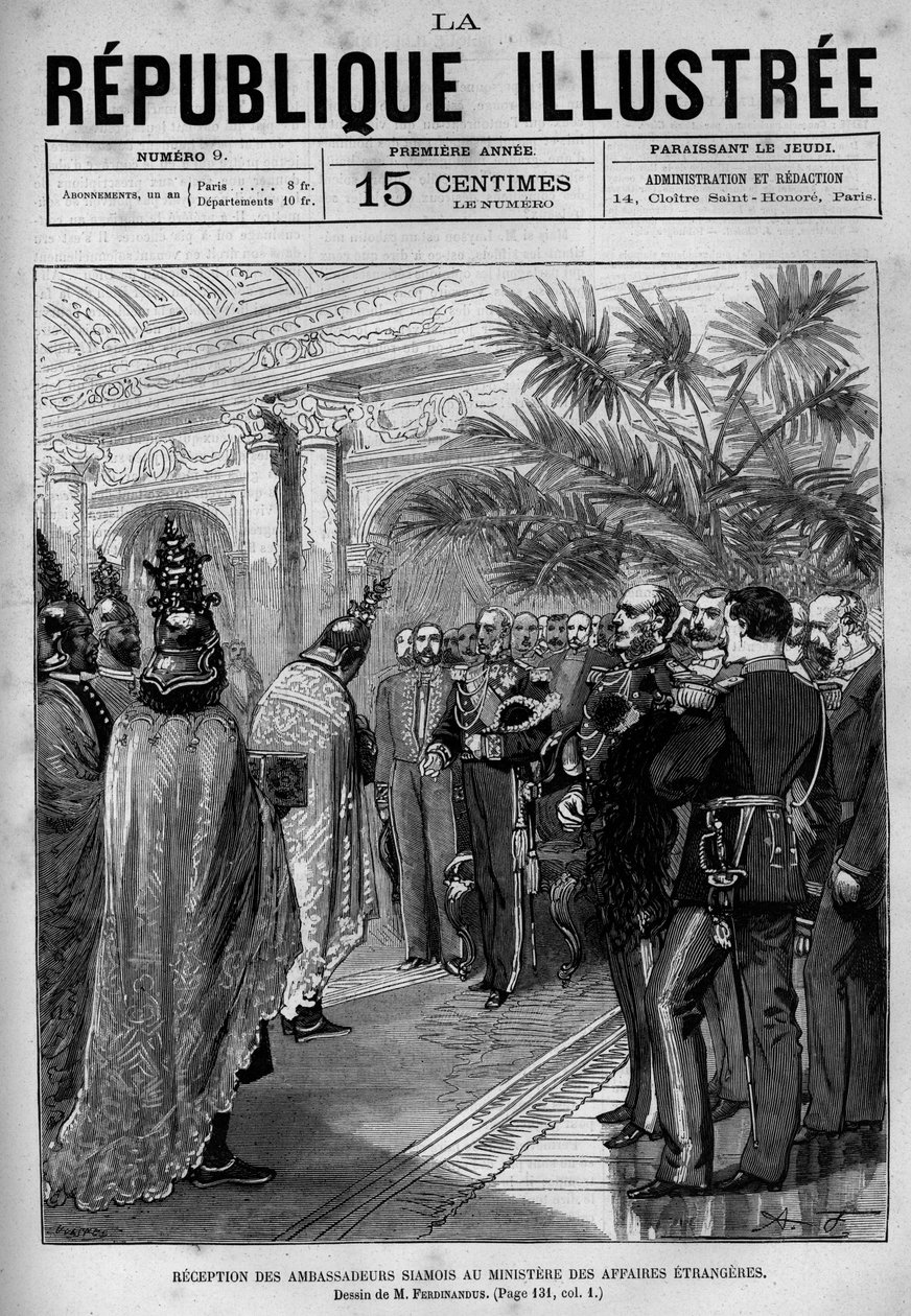 Recepção dos embaixadores siameses no Ministério dos Negócios Estrangeiros. Um jornal. Gravura de 1880 em "La republique illustree" coleção privada. de French School