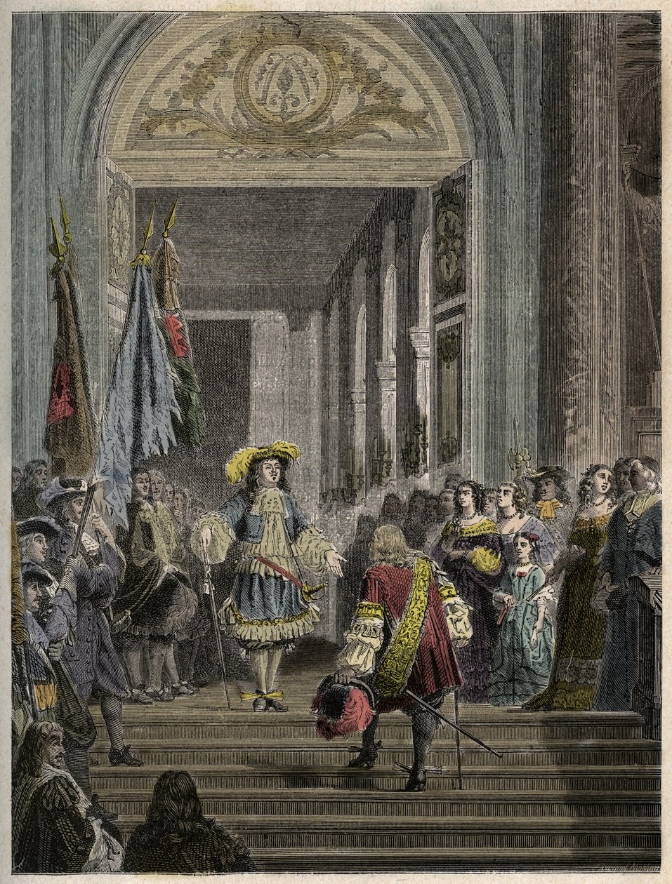 Recepção do Grand Conde em Versalhes por Luís XIV - escadaria des ambassadeurs - Recepção do Grand Conde (Luís II de Bourbon Conde) pelo Rei da França Luís XIV a Versalhes em 1674. gravação em "PATRIE" - DESCRIÇÃO PECTURÉRICA DE de French School