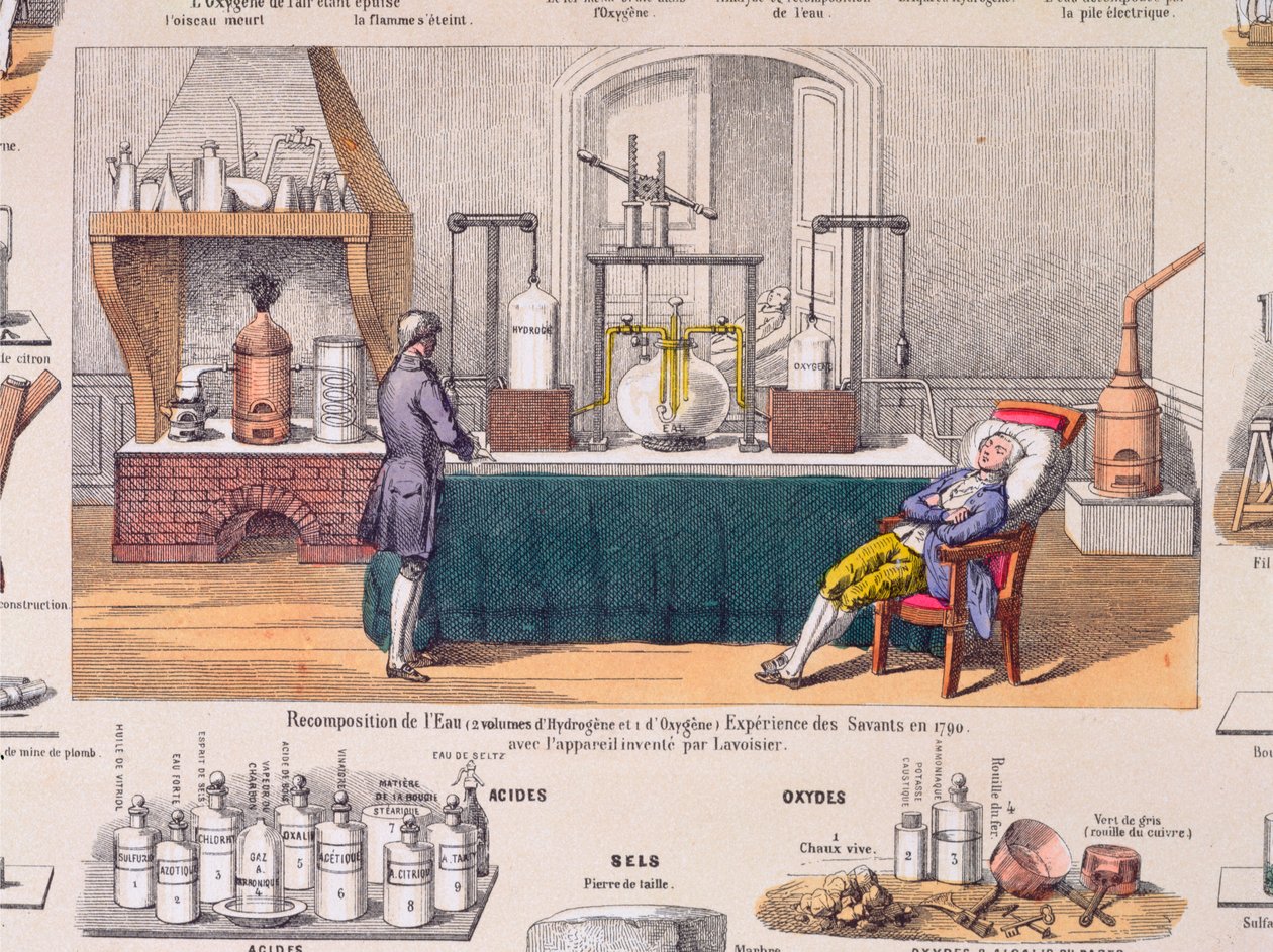 Recomposição de água de hidrogênio e oxigênio: Antoine Laurent de Lavoisier (1743-94) experimentando a respiração de um homem em repouso, ilustração de uma placa educacional, c.1860 (gravura a cores de French School