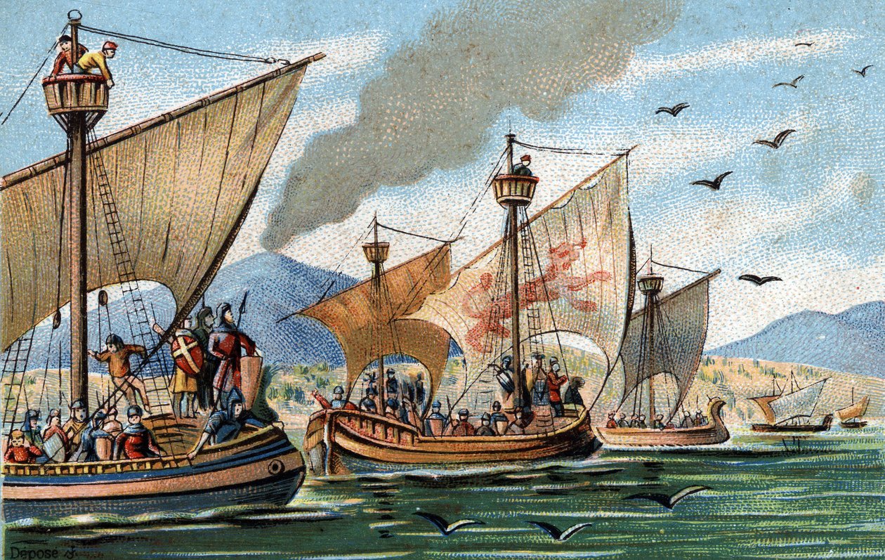 A reconquistar a Sicília Oriental sobre os árabes: Roger de Hauteville conquista a Puglia e a Calábria e anexa a frota sarracena em Palermo de French School