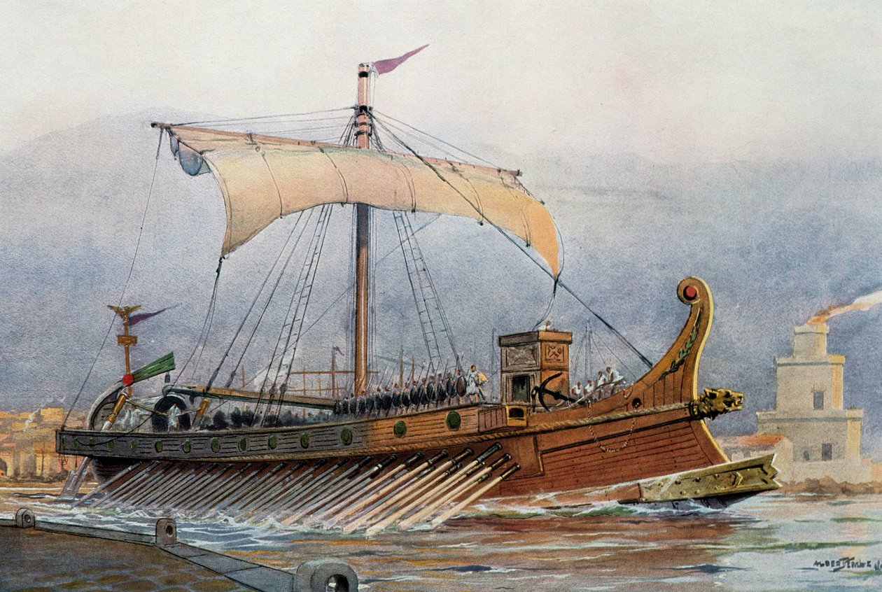 Reconstrução de navio romano saindo do arsenal, aguarela, França de French School