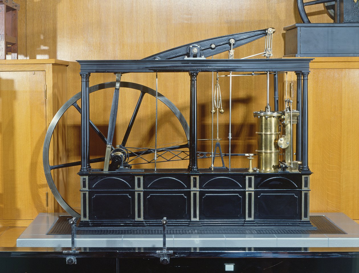 Reconstrução do motor a vapor projetado por James Watt (cobre e vidro) de French School