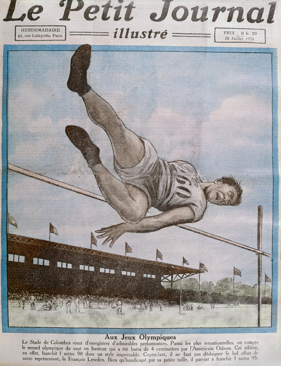 Recorde Salto em Altura nos 8º Jogos Olímpicos, Paris, 1924, ilustração da capa do Le Petit Journal 20 de julho de 1924 de French School