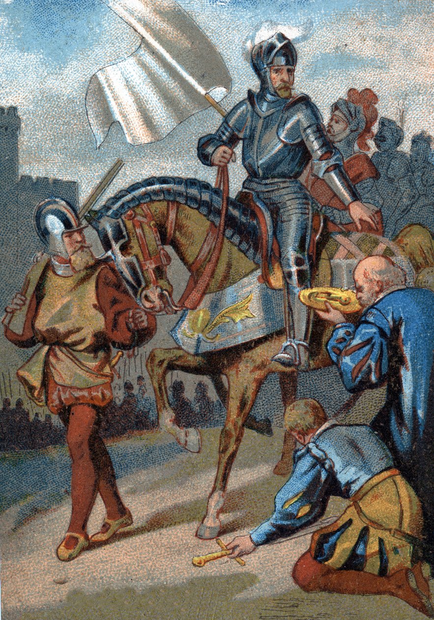 Recuperação de Calais sobre o Inglês pelo Duque de Guise em 1558. Cromolitografia da série "Educação Patriótica pela Imagem". de French School