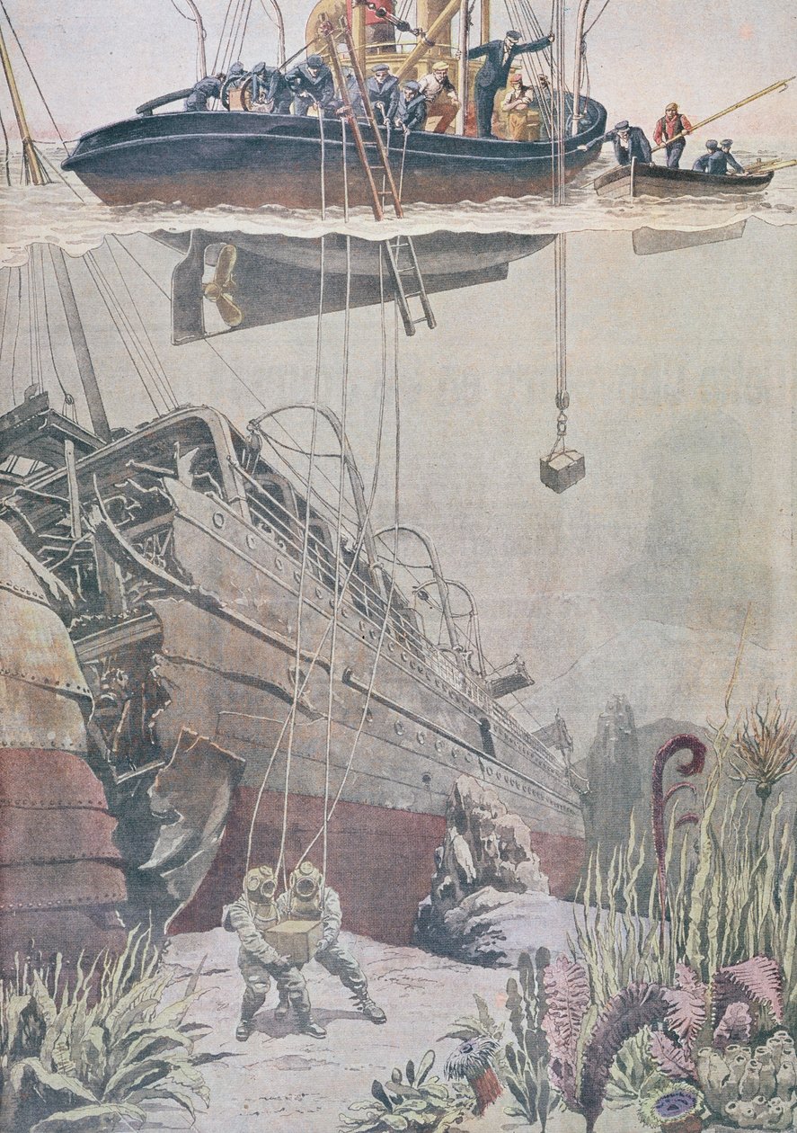 Recuperação do tesouro do naufrágio do Oceana, ilustração do Le Petit Journal, 1912 de French School
