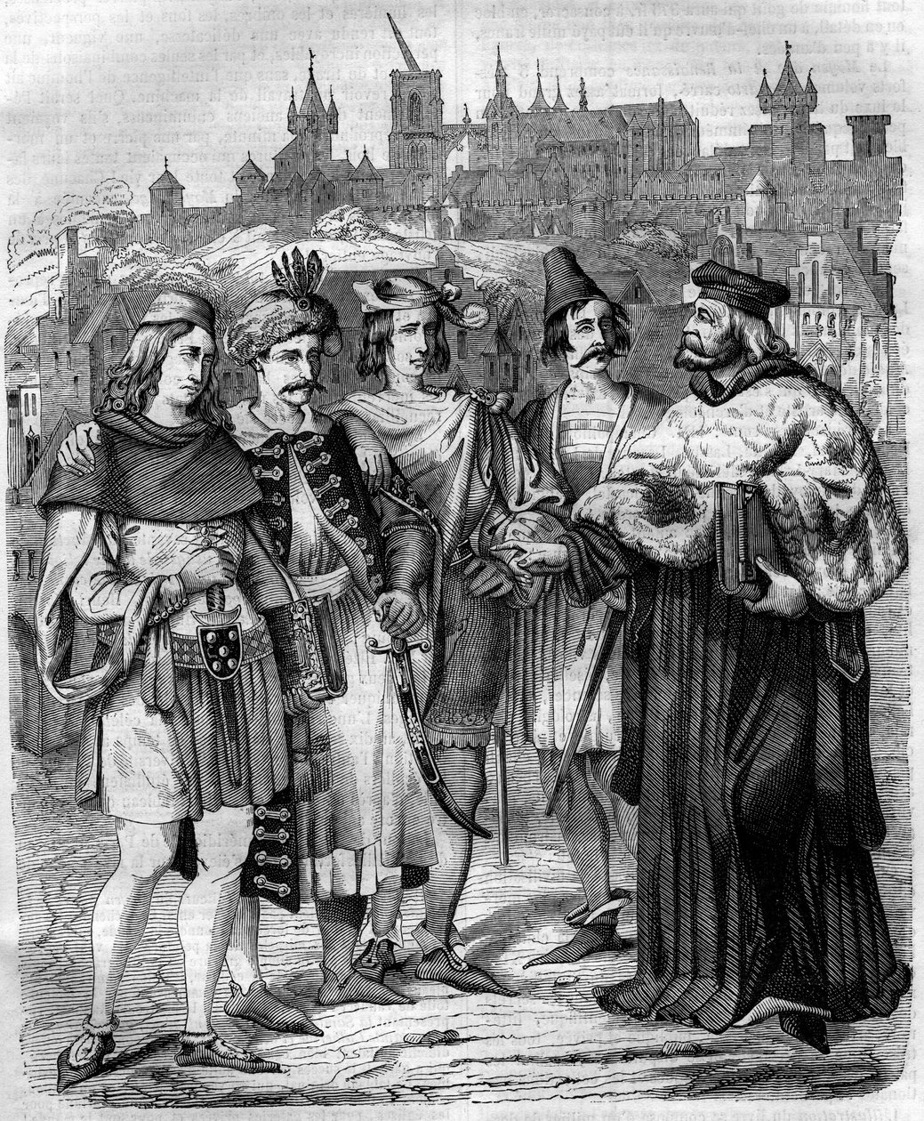 Reitor e estudantes de várias nações na Universidade de Praga, no século XVII. Gravura a partir de 1852. de French School
