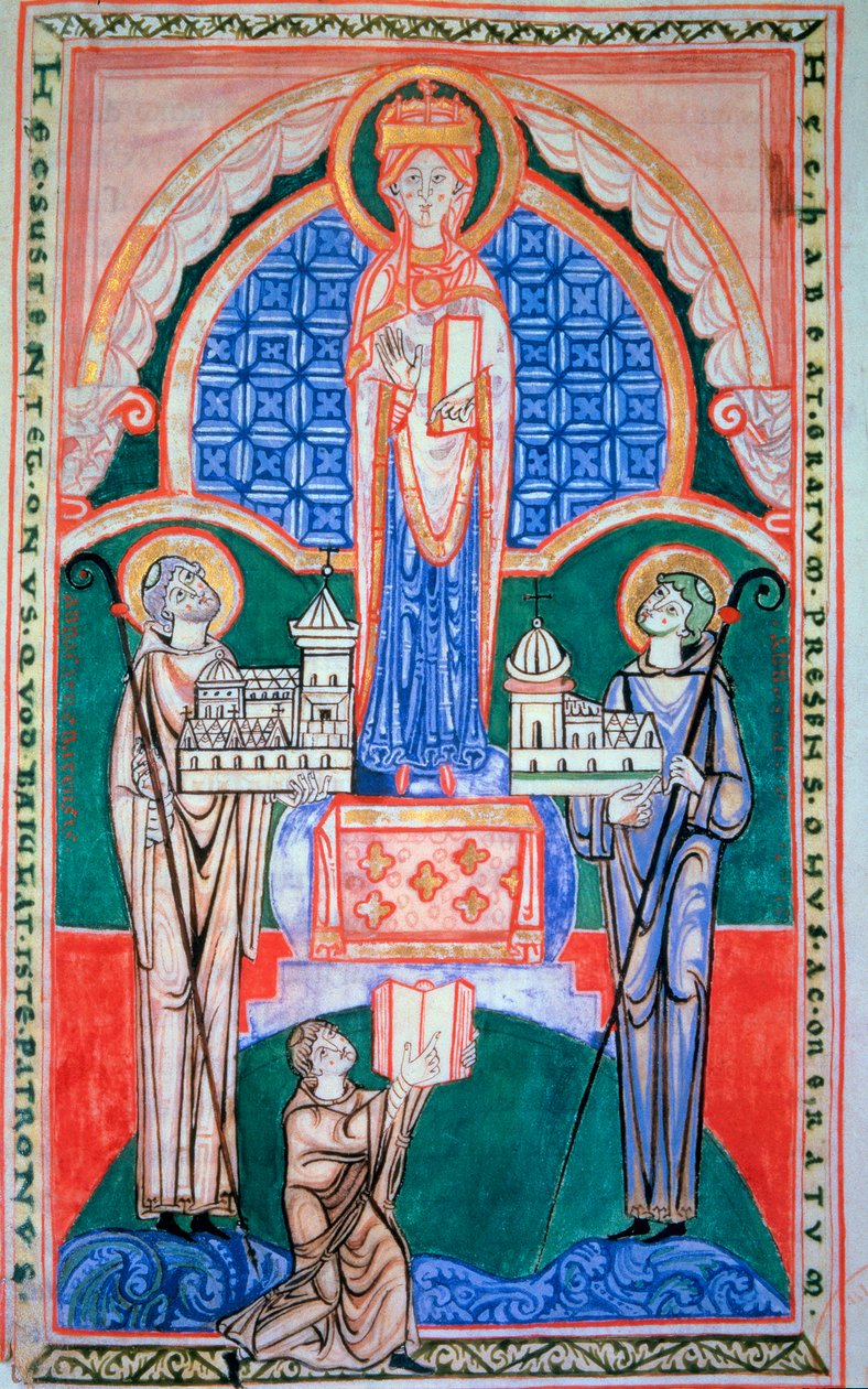 Regne da Virgem sobre a união da Abadia de Citeaux e da Abadia de Saint Vaast (Saint-Vaast). São Jerónimo. Comentário sobre Jeremias. Miniatura do manuscrito de Citeaux, ca. 1125. 32,6 x 31,7 cm. Dijon, Biblioteca Municipal (Ms. 130) de French School