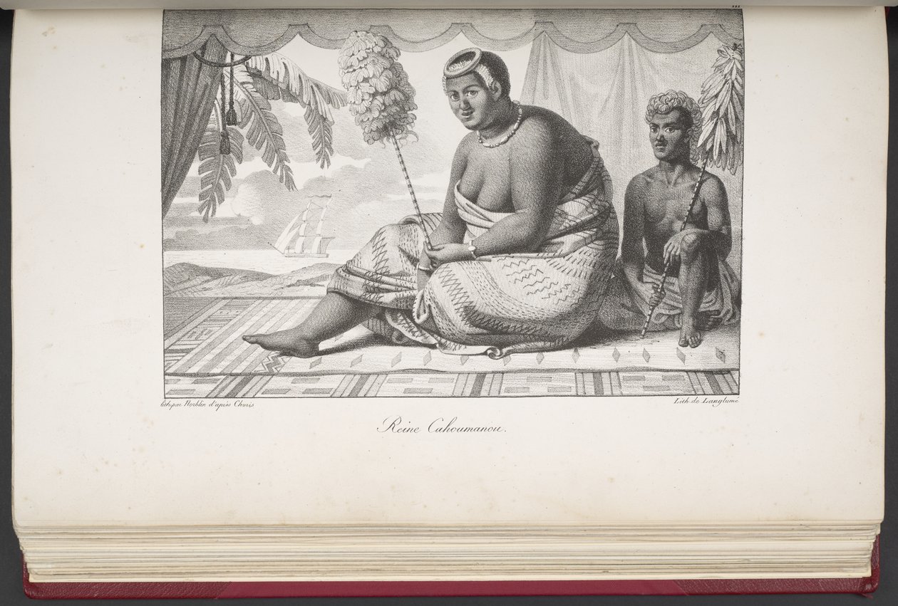 Reine Cahoumanou, Habitantes das Ilhas Sandwich, de Pitoresca Viagem ao Redor do Mundo, com Retratos de Selvagens da América, Ásia, África e Ilhas do Grande Oceano; paisagens, vistas para o mar e vários objetos de história natural; de French School