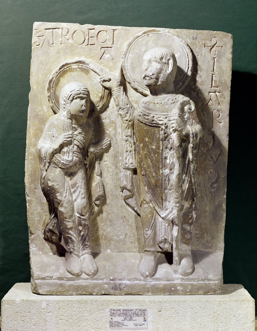 Relevo retratando St. Hilary de Poitiers (320-368) bênção St. Triaise, c.1150 de French School
