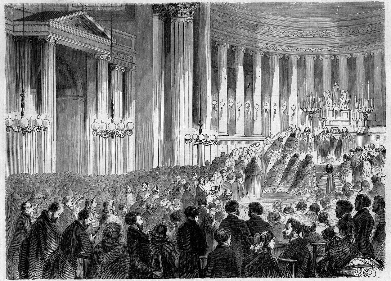Cerimônia religiosa, Paris, Noel 1857: celebração da missa da meia-noite na igreja da Madeleine. Gravura no "Le Monde Illustré" n°38 de 2 de janeiro de French School