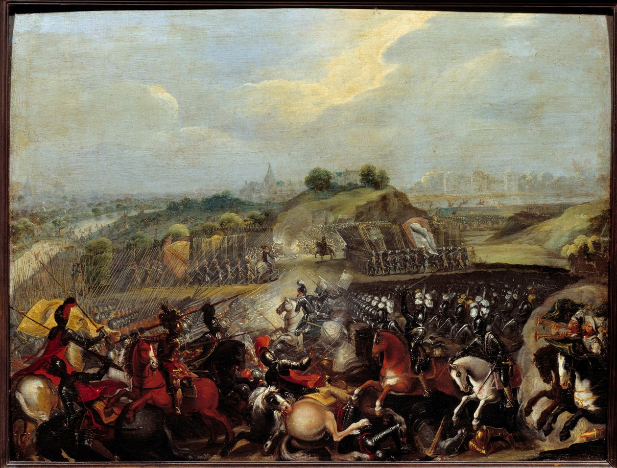 Guerras Religiosas: "Henrique IV na Batalha de Ivry em 14/03/1590" A Batalha de Ivry em 14/03/1590 viu a vitória do exército real contra a Liga Católica. Maximiliano de Bethune, Duque de Sully, o ministro do rei, foi ferido lá. Pintura do Fren de French School