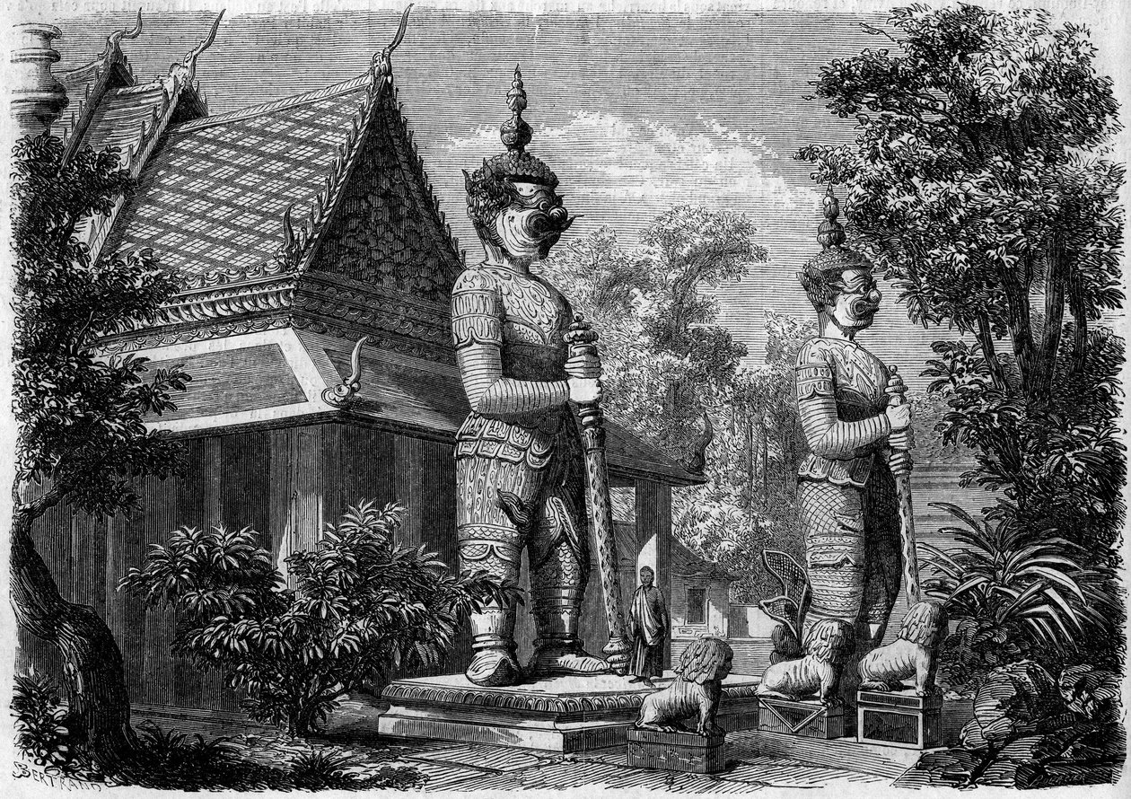 Arquitectura religiosa: vista exterior de um pagode em Banguecoque (Sião), em 1861. Gravura em "Le Monde Illustré" n°223 de 20 de Julho de 1861. de French School