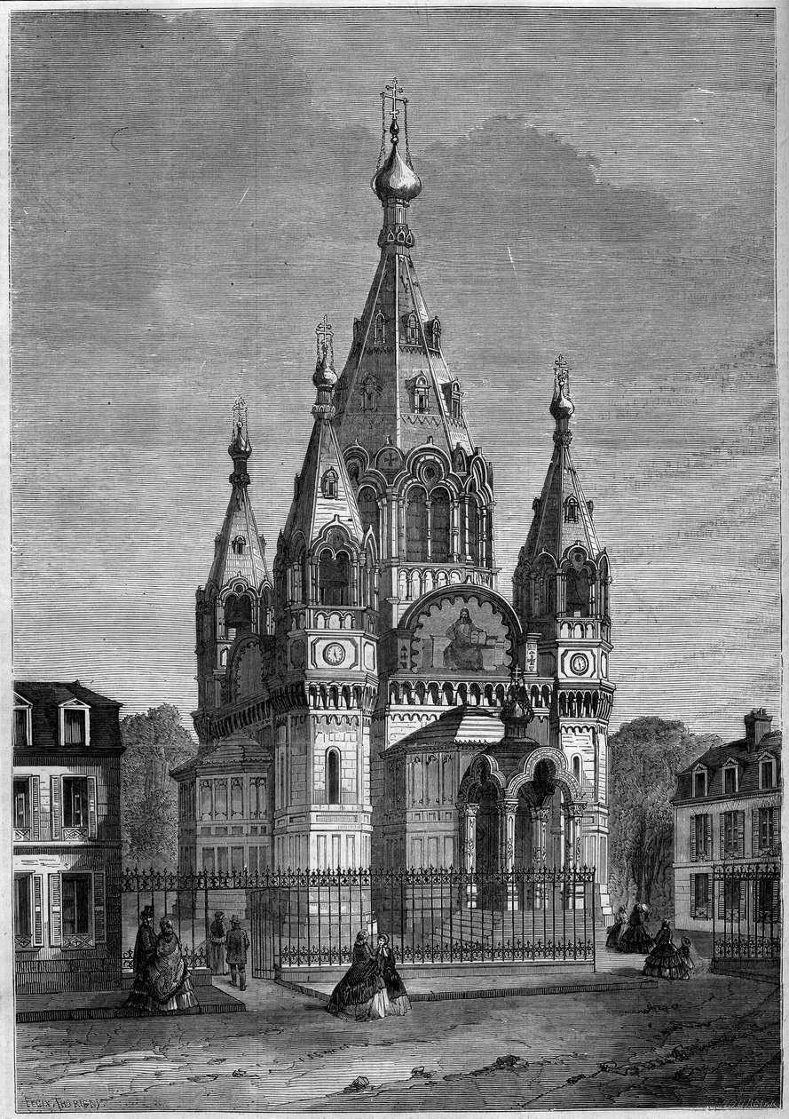 Arquitectura religiosa: vista exterior da catedral ortodoxa russa Saint Alexandre Nevsky, Paris de French School