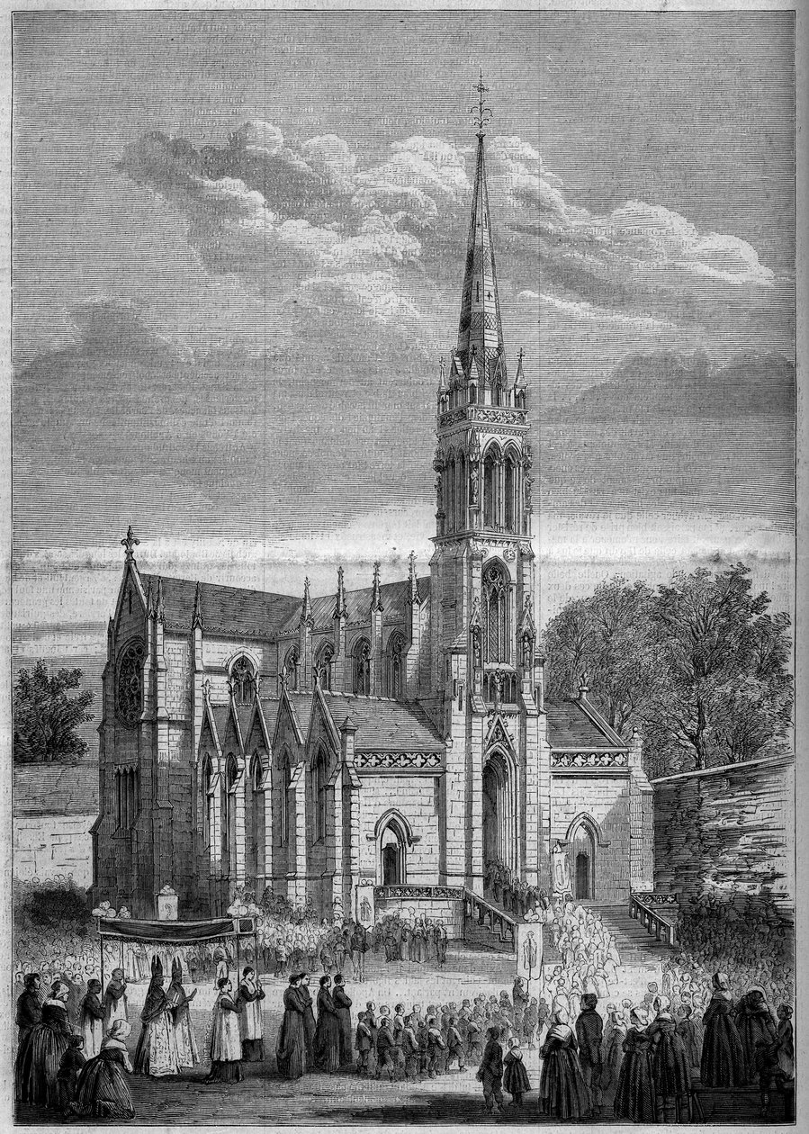 Arquitectura religiosa: visão geral da igreja de Monfort le Retrou (hoje Montfort le Gesnois no Sarthe (72), dia da sua inauguração em 1858. A partir de um esboço do Sr. Moulin. Gravura em "Le Monde Illustré" n°77 de 2 de Outubro de 1858. de French School